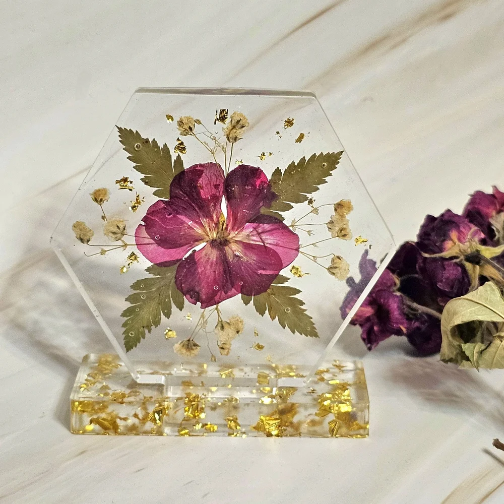 Hexagonal Floral Resin Display with Gold Accents - Picture 1 of 8
